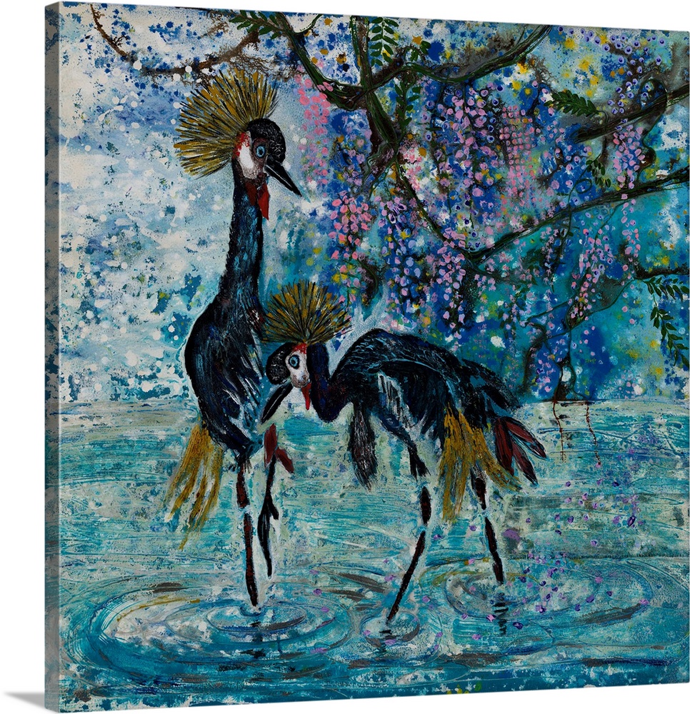 Painting of two grey crowned cranes using traditional Chinese brush stroke with added texture and bright colors in contemp...