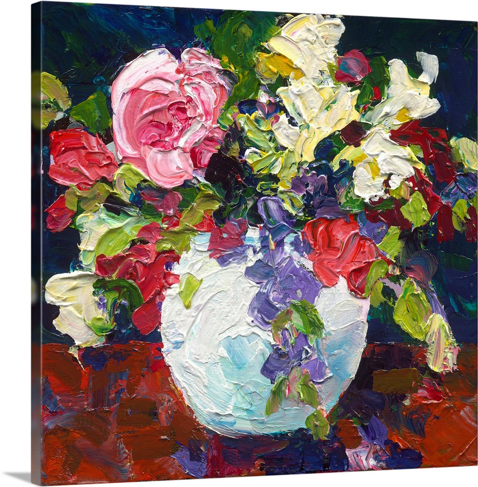Roses and foliage in a white vase painted with thick textured paint.
