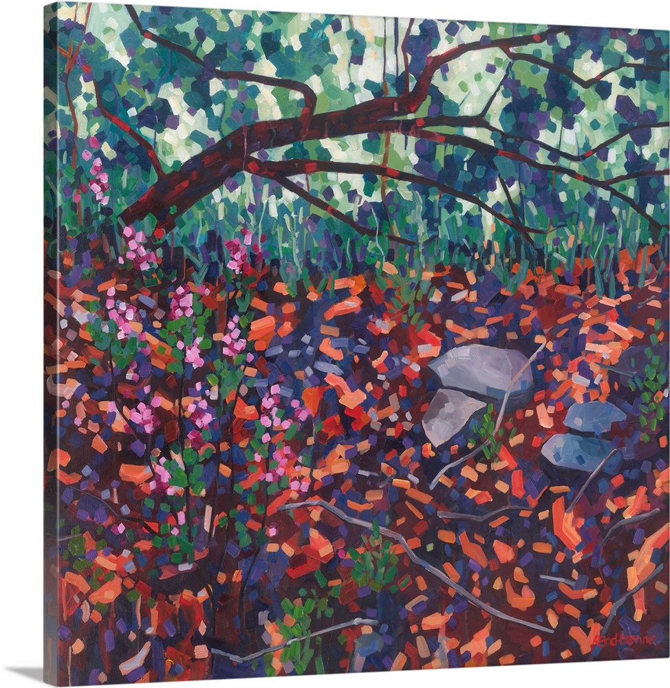 Atmospheric painting of fallen tree with pink flowers and red and orange foreground.
