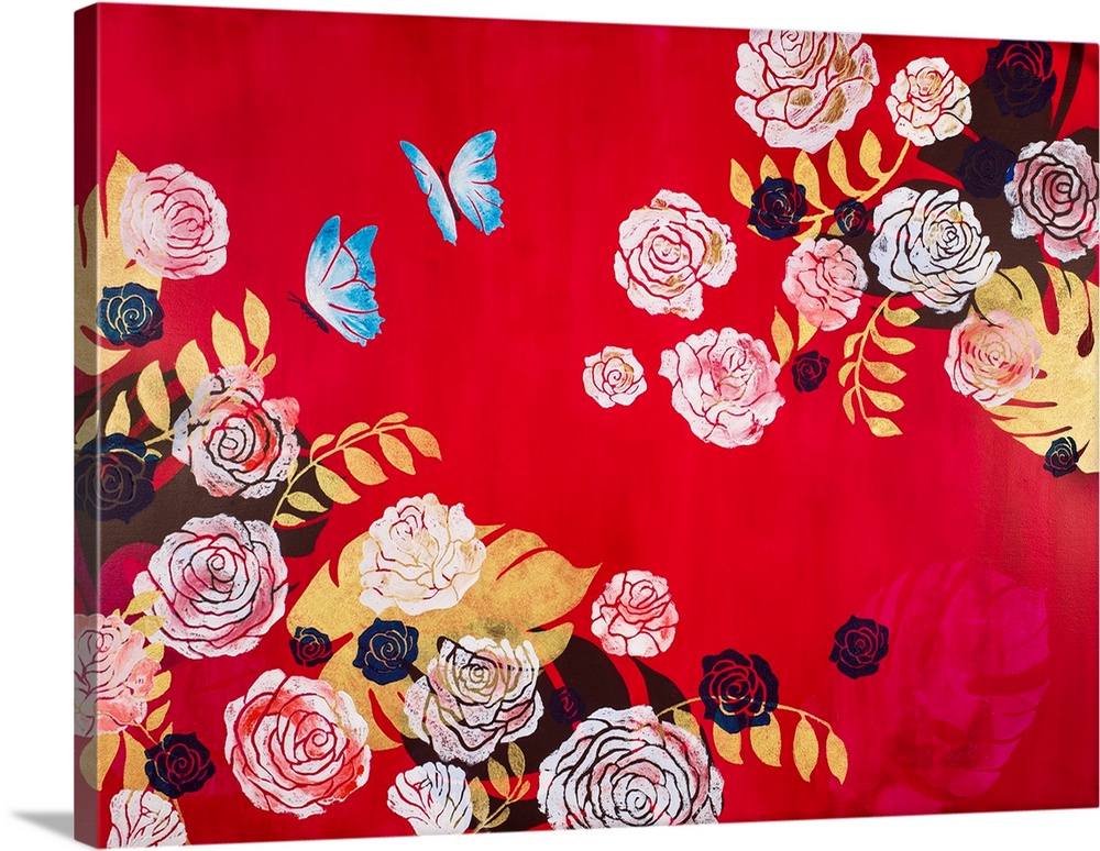 Painting of two blue butterflies flying in rose garden with red background.