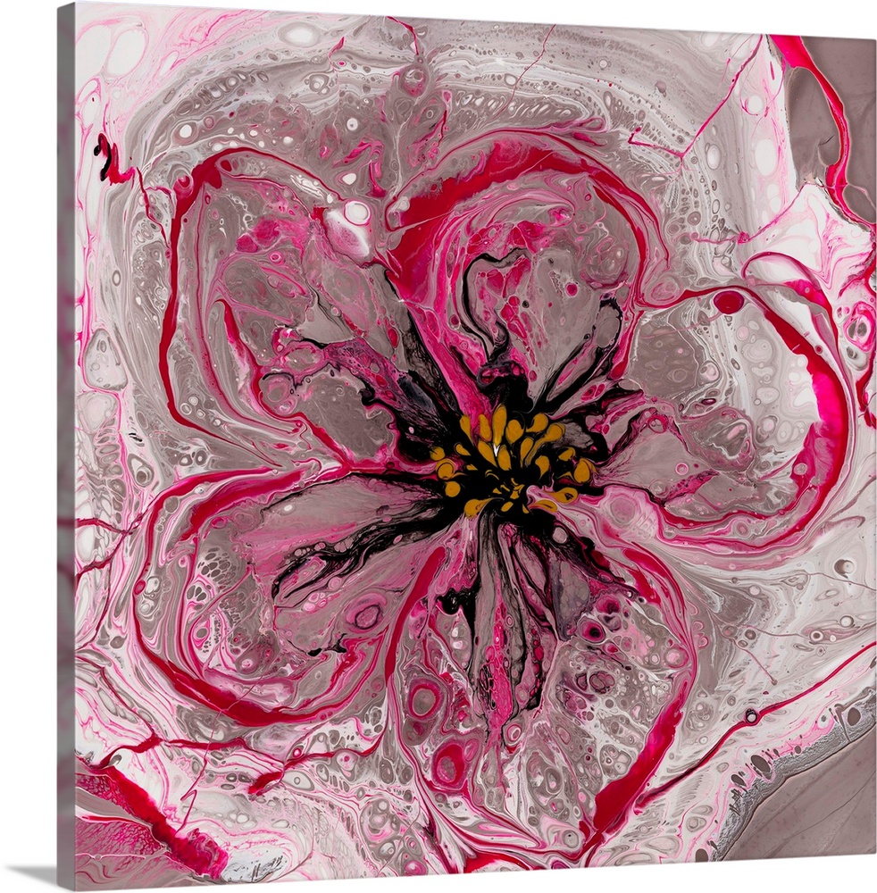 Pour painting of cherry bloom using an effect of transparency on the petals to create a delicate feel, accentuated by satu...