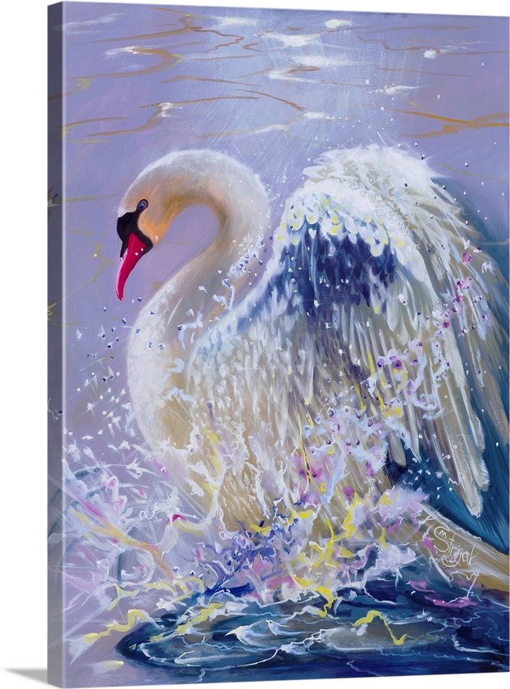 A swan surfacing into a burst of splashes, colorfully gleaming in the reflected light.
