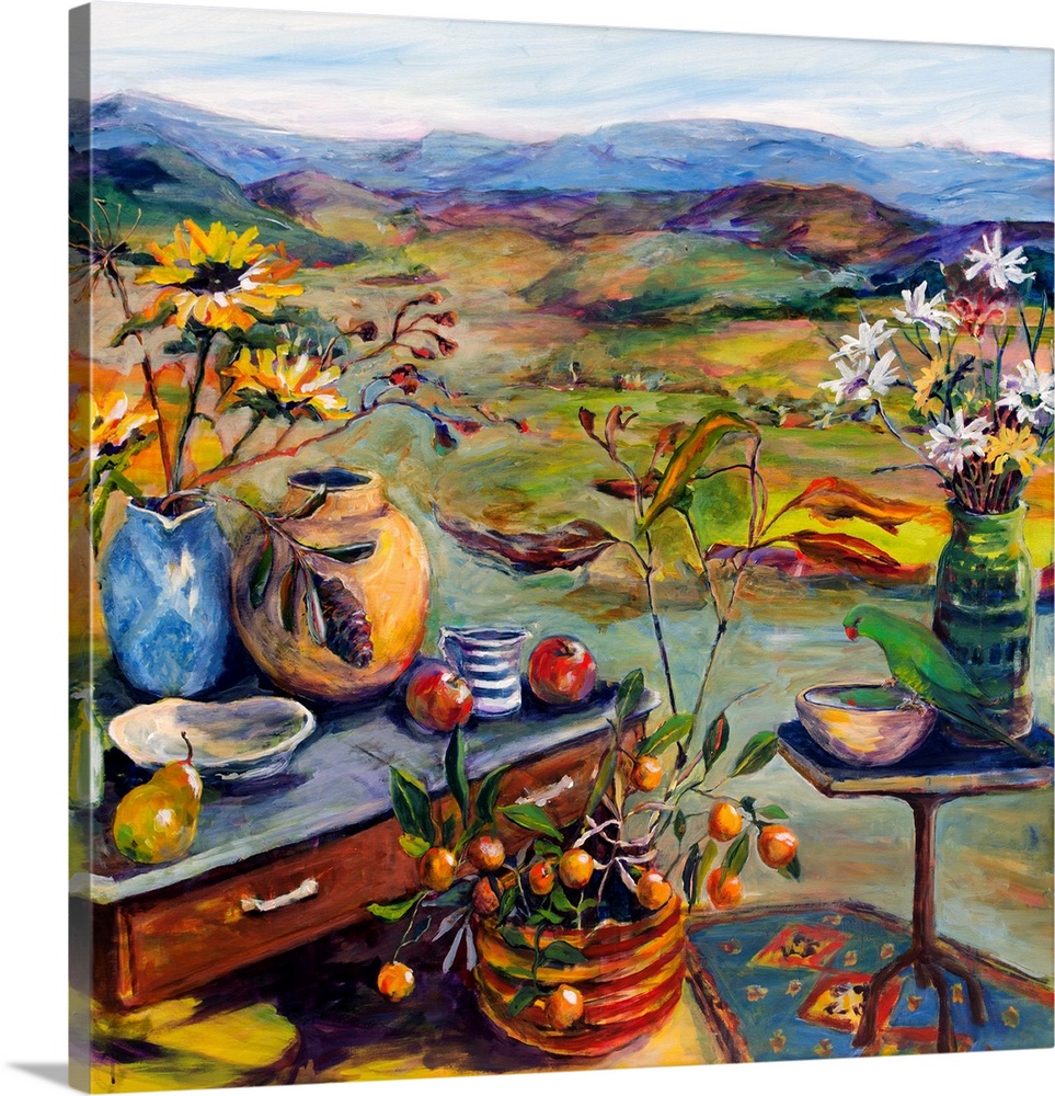 Colorful landscape and still life with flowers, fruit, and birds.