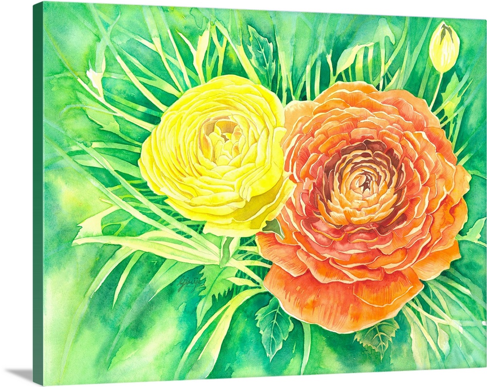 Two bright yellow and orange flowers are painted in watercolor on paper with fresh green background.