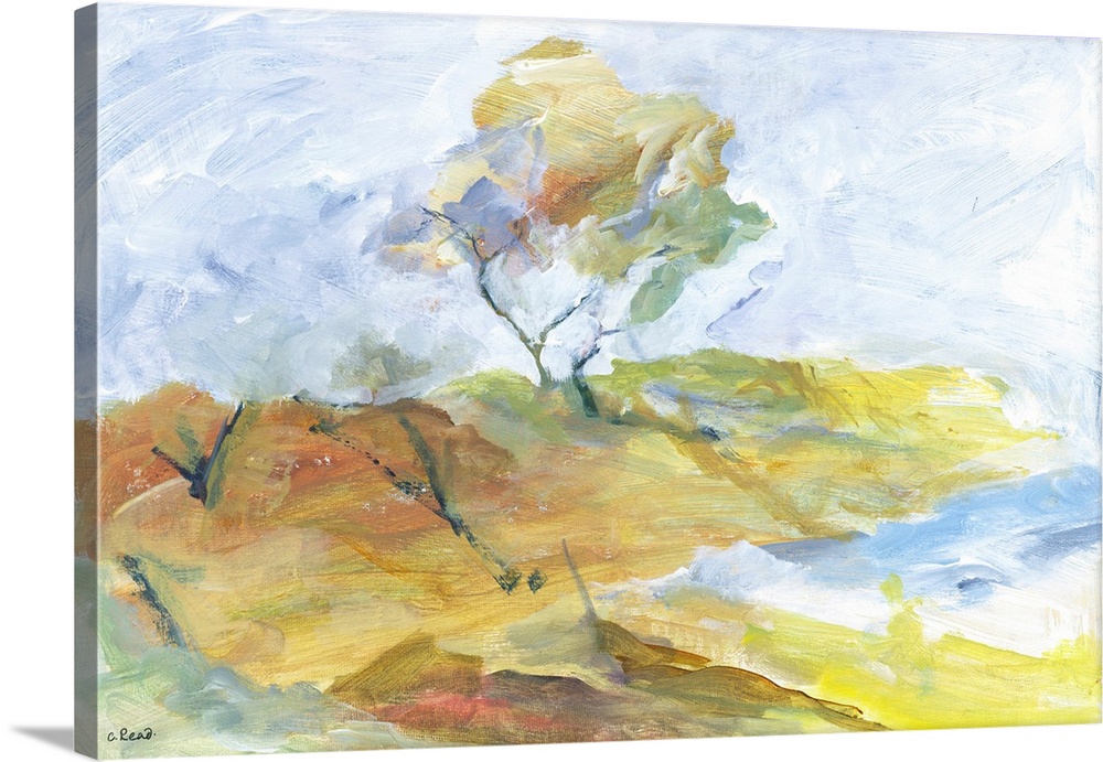 Impressionist view of a coastal winter landscape with a tree bowed by wind, sea, and seashore.