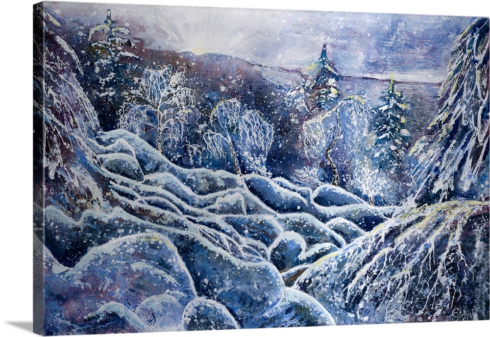 Painting of a snowfall, covering the forest with a white blanket that sparkles in the gleams of sunlight.