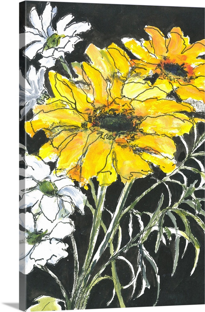 Bright pen and wash contemporary drawing of yellow and white flowers on a black background.