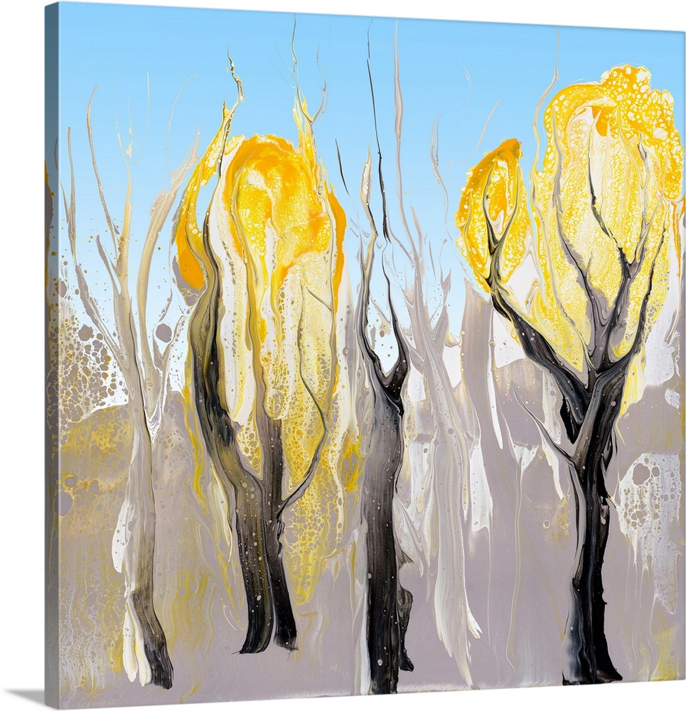 Abstract painting of the wattle grove in a minimalistic color palette: gray soil, white sky and yellow clouds of the blossom.