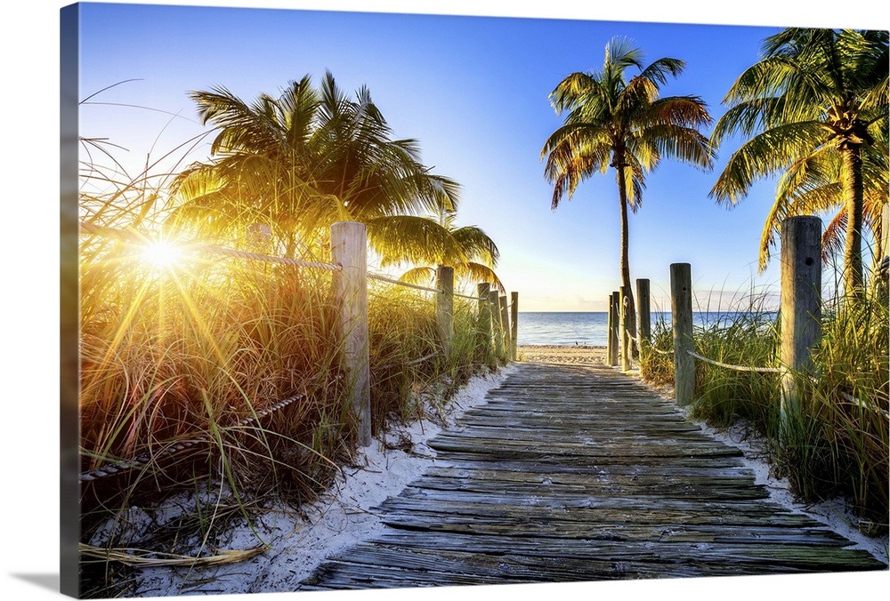 Old wooden walkway to a tropical beach, Key West Wall Art, Canvas