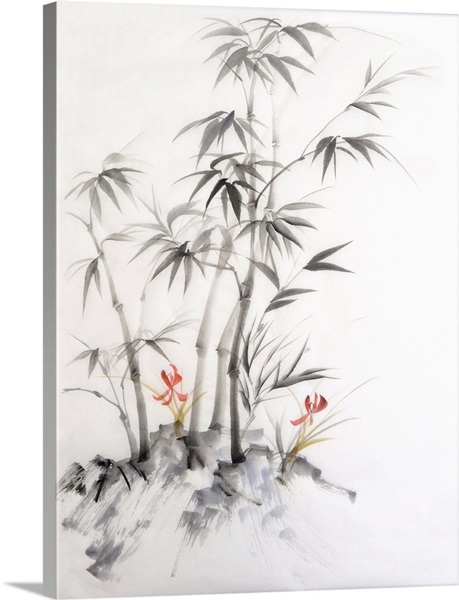 Watercolor Painting Of Bamboo And Orchids Wall Art Canvas Prints