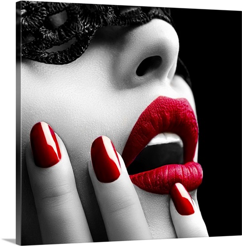 woman with a mask and red lips and nails wall art canvas prints