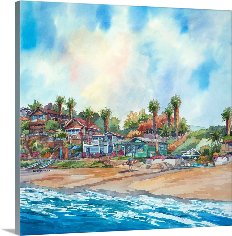 Watercolor of the bungalows in Crystal Cove, Newport Beach, California.