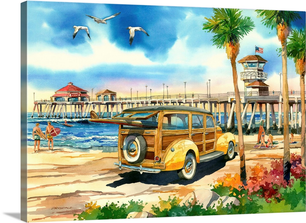Watercolor of a classic woodie wagon on the beach at Surf City, Huntington Beach, CA.