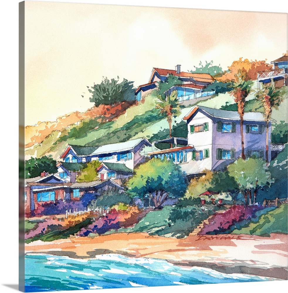 Watercolor of the bungalows along the coast in Newport Beach, California.