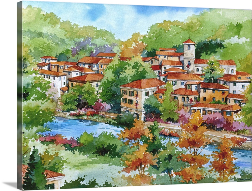 Watercolor painting of a lush Tuscan Village