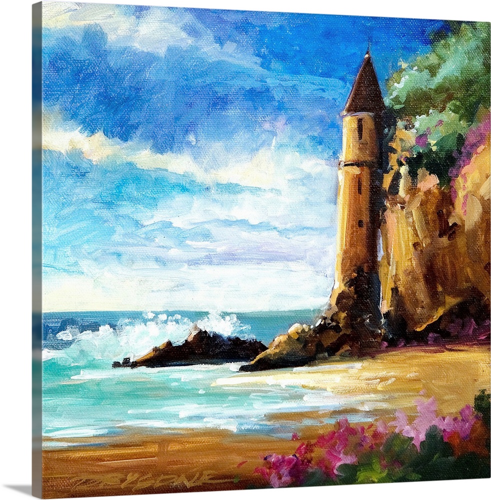 Watercolor painting of a castle on the shore in Laguna Beach, California.