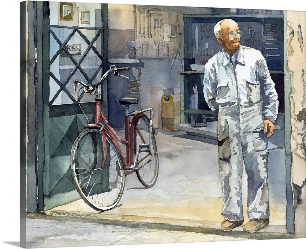 Watercolor painting of a bicycle Repairman in Lucca, Italy