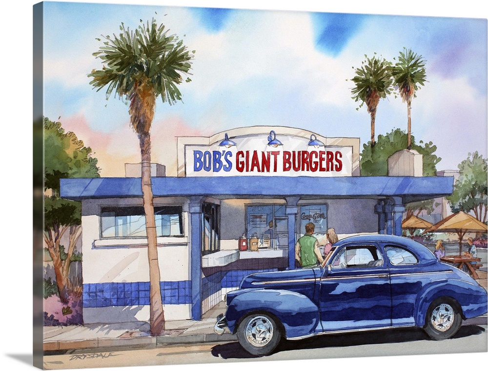 Watercolor painting of a 41 Chevy parked at Bob's Hamburger Stand in Fremont, CA.