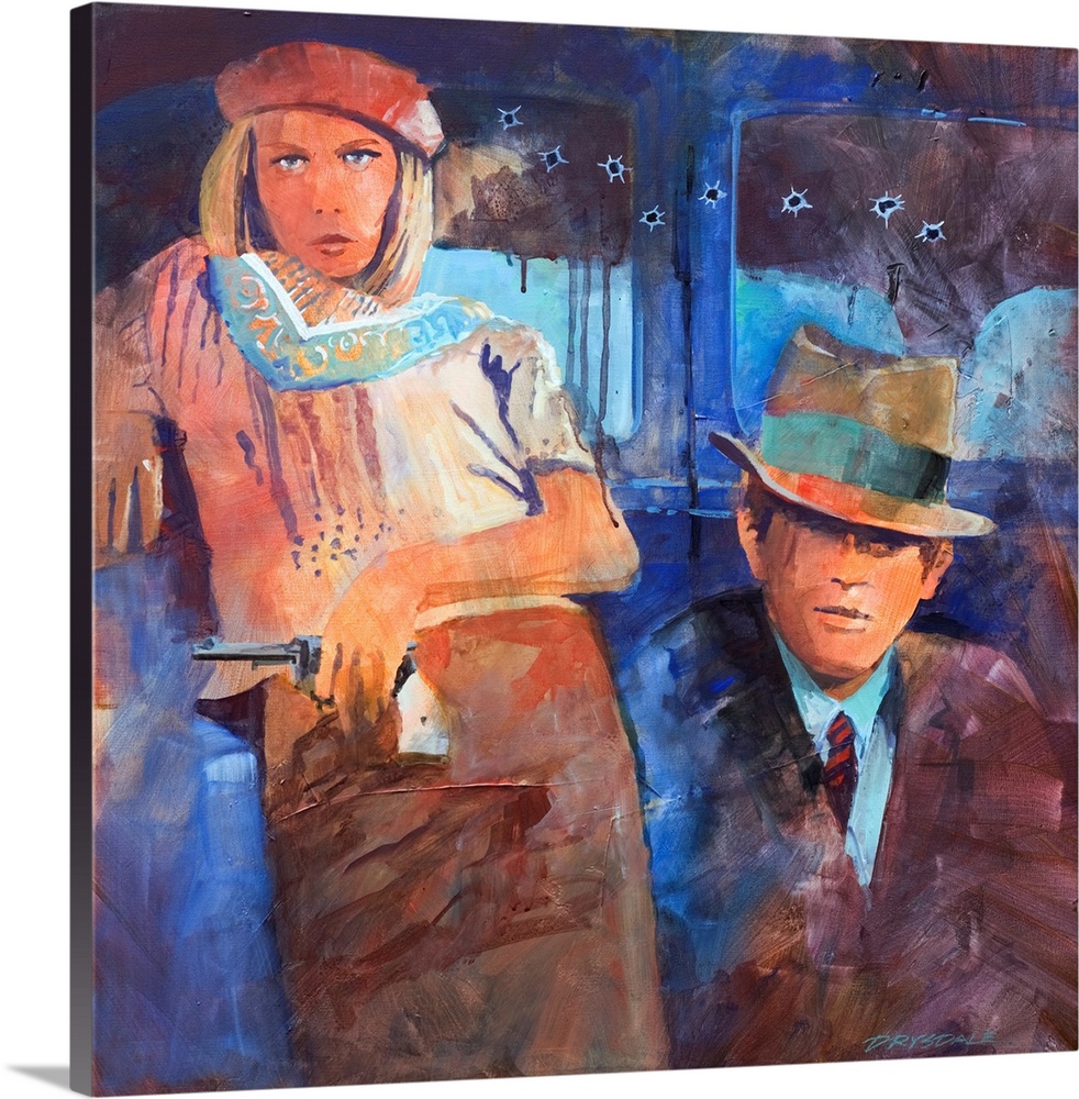 Painted portrait of Bonnie and Clyde leaning up against a blue car with bullet holes in it.