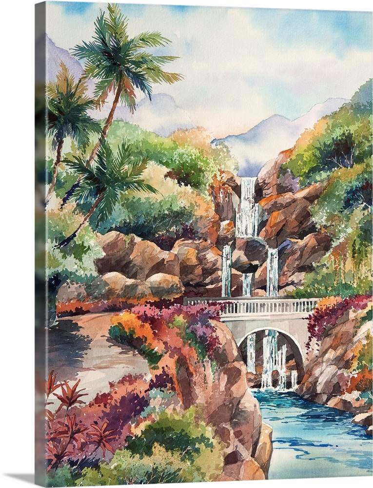 Watercolor painting of the Bridge to Hana with a waterfall in the background, Hawaii