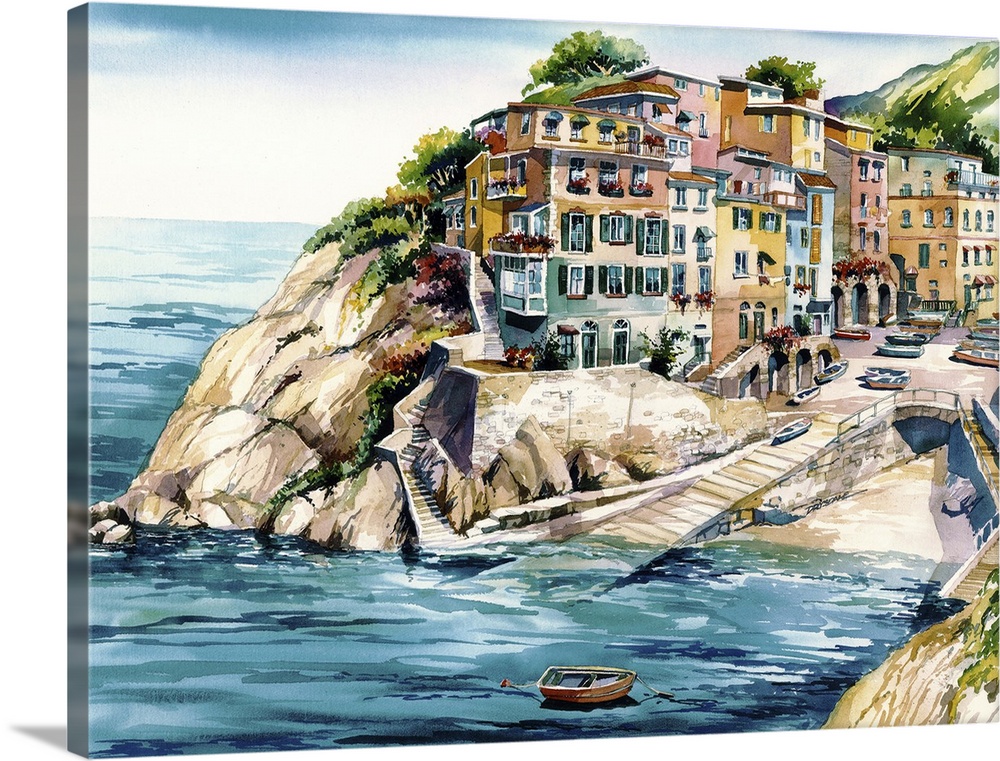Watercolor painting of the shoreside in Cinque Terra, Italy.