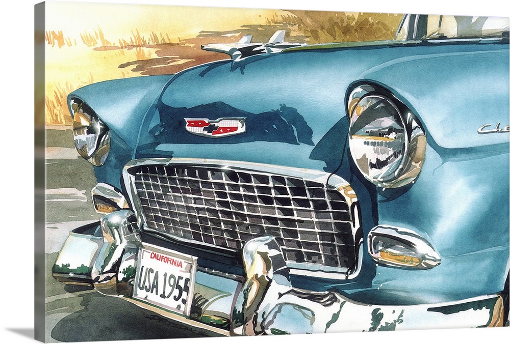 Watercolor painting of the front of a blue 55 Chevy up-close.