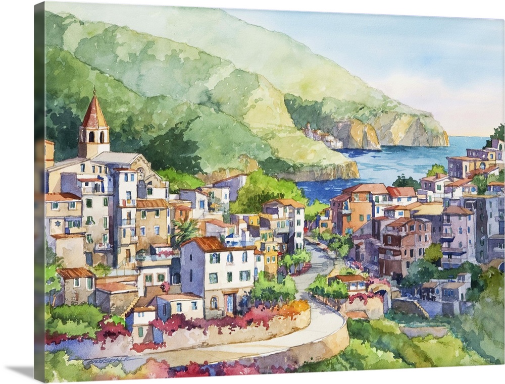 Watercolor painting of Corniglia, a frazione of the comune of Vernazza in the province of La Spezia, Liguria, northern Italy