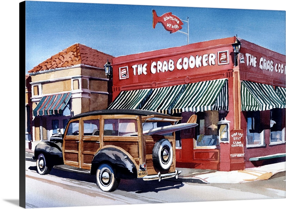 Watercolor of a 1940 Ford woodie surf wagon in front of the Crab Cooker in Newport Beach, CA, Woodie California.