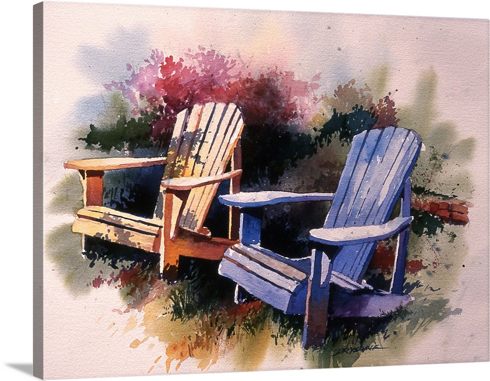 Watercolor painting of two adirondak chairs in a garden.