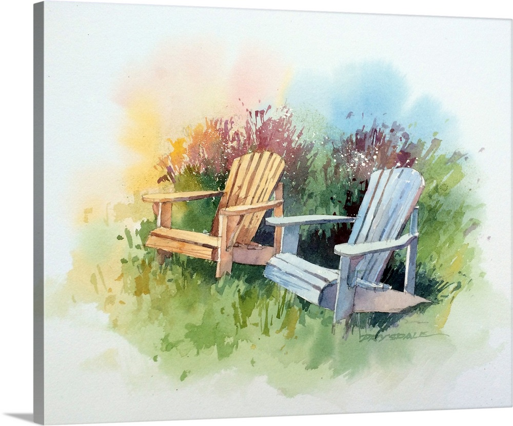 Watercolor painting of blue and yellow adirondack chairs in a garden