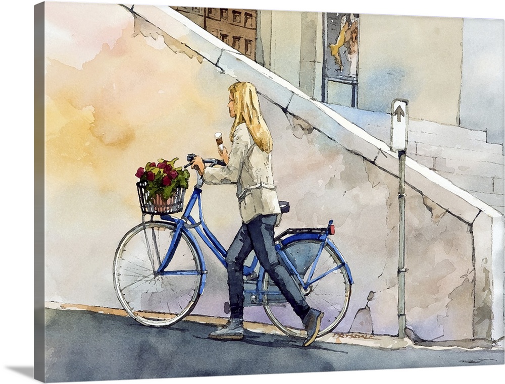 Contemporary watercolor painting of a girl pushing her bicycle with a basket of flowers on it down the road in Lucca, Italy.