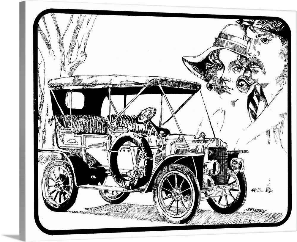 Black and white illustration of a vintage car with Bonnie and Clyde in the top corner.