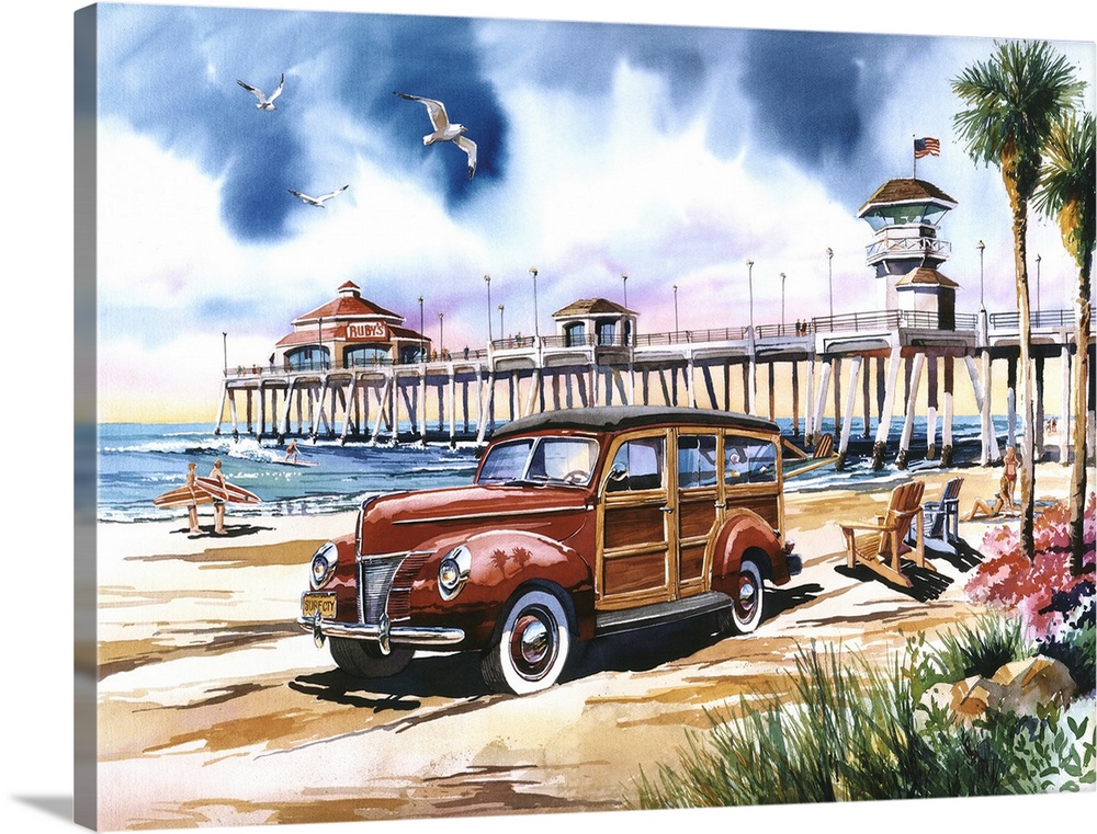 Watercolor painting of a red woodie wagon parked on the beach at Surf City, Huntington Beach California, with the pier in ...