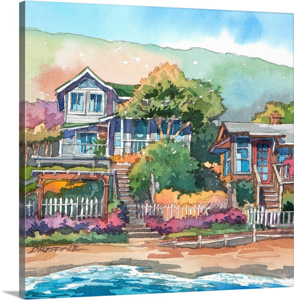 Watercolor painting of the bungalows along Crystal Cove in Newport Beach, California