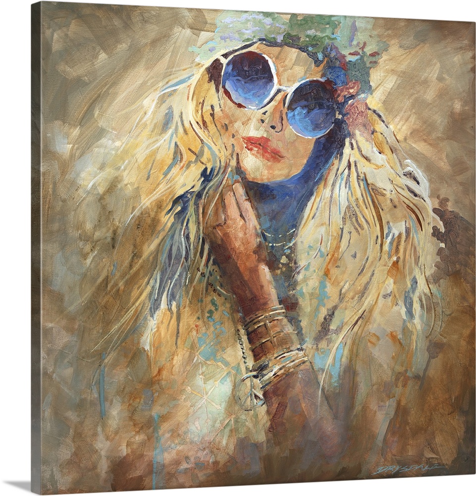 Contemporary painting of a woman in a hat and sunglasses with long blonde hair.