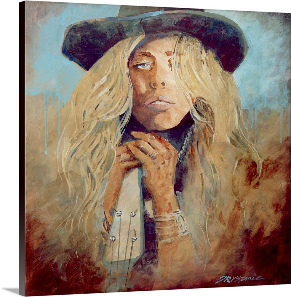 Contemporary painting of a woman in a hat with long blonde hair., leaning against a guitar.