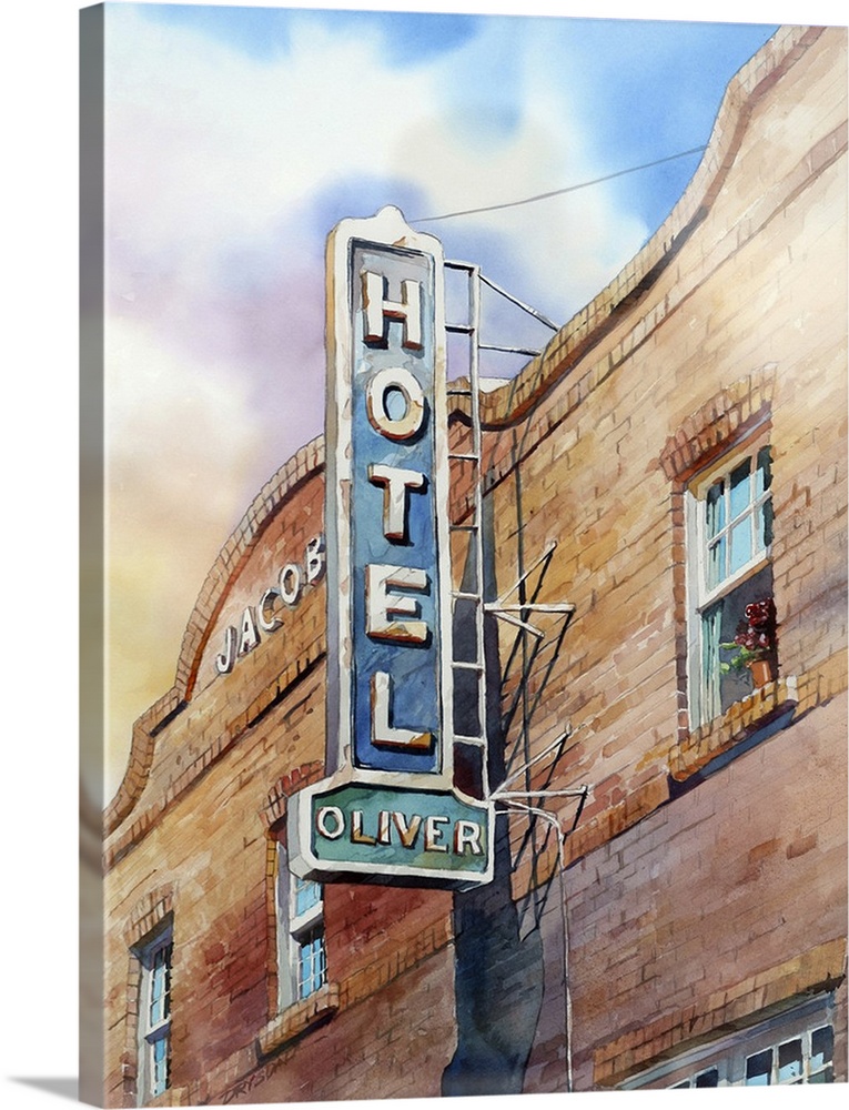 Painting of the Hotel Oliver located at a historic train depot in Santa Rosa, CA