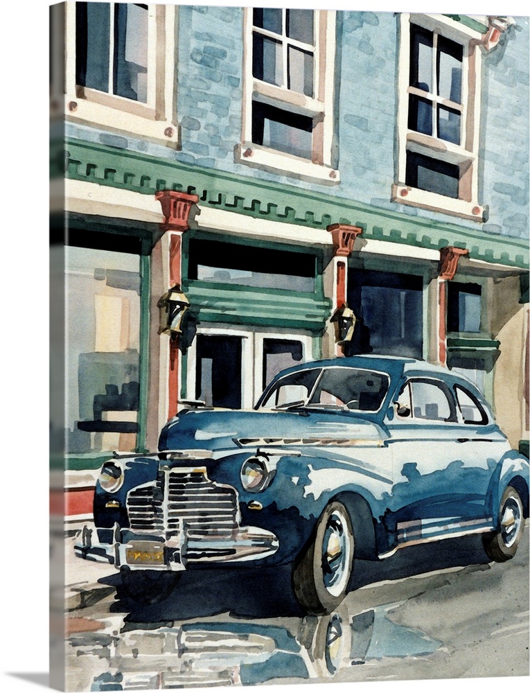 Watercolor painting of a 1941 Chevrolet pulled up to the curb.