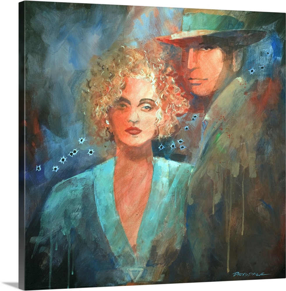 Painted portrait of Bonnie and Clyde with bullet holes painted across the middle.