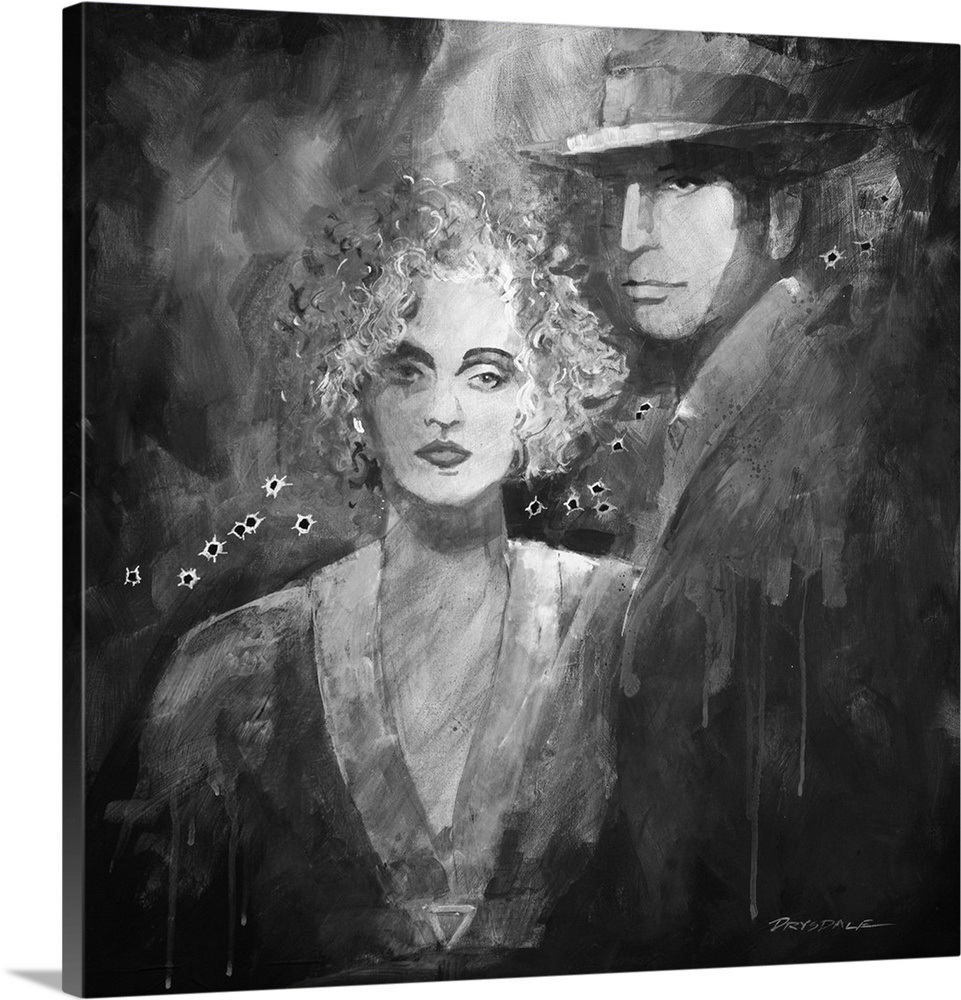 Black and white painted portrait of Bonnie and Clyde with bullet holes going through the middle.