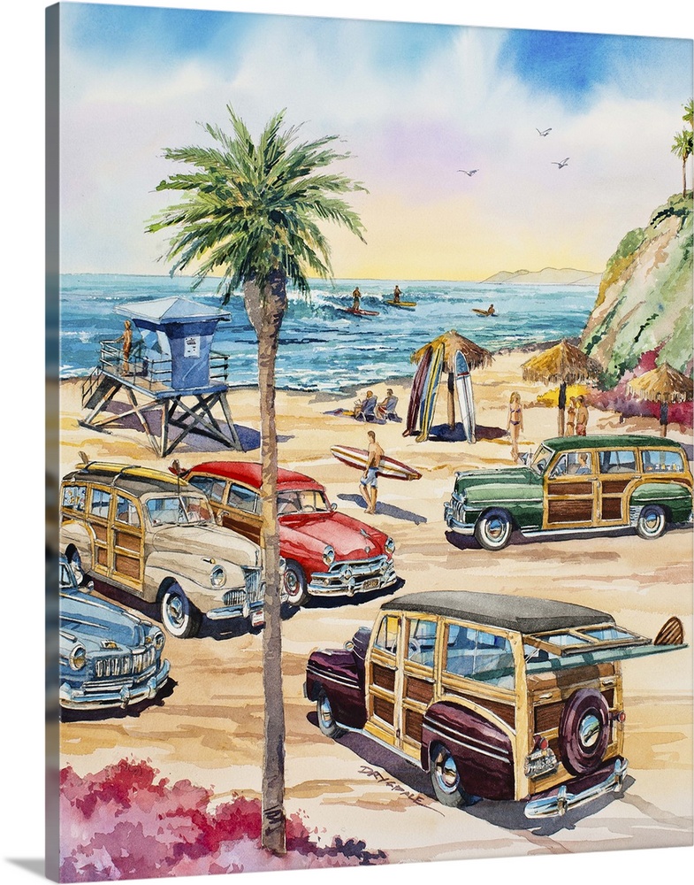 Contemporary watercolor painting of several woodie wagons parked on the beach at Wavecrest in Encinitas, the larges woodie...