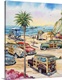 image thumbnail of Contemporary watercolor painting of several woodie wagons parked on the beach at Wavecrest in Encinitas, the larges woodie...
