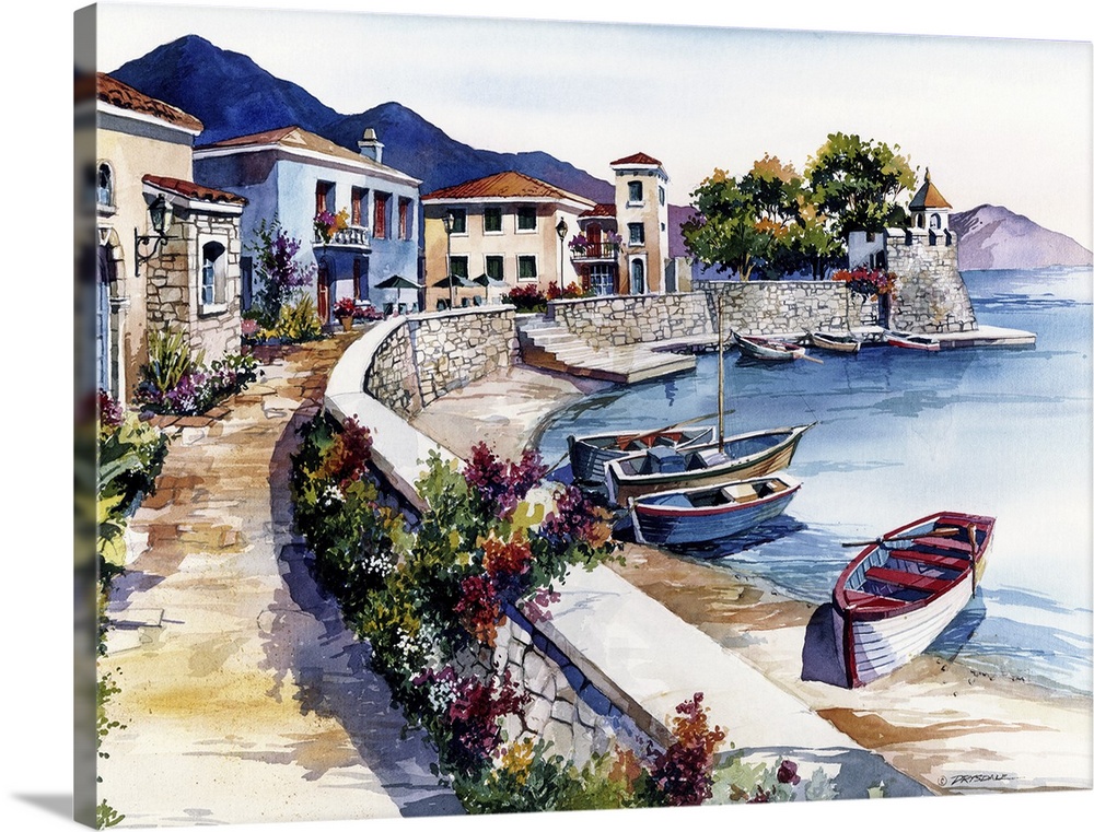 Contemporary watercolor painting of a relaxing view in Nafpaktos, Greece