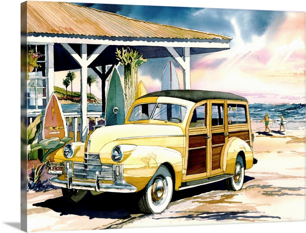 Watercolor of a classic 1940 Oldsmobile woodie surfer wagon on the beach at the North Shore of Oahu, Hawaii.