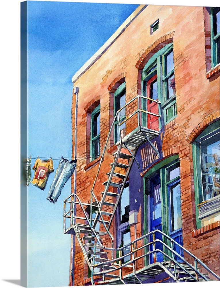 Watercolor painting of a fire Escape on an alley in Roslyn Washington