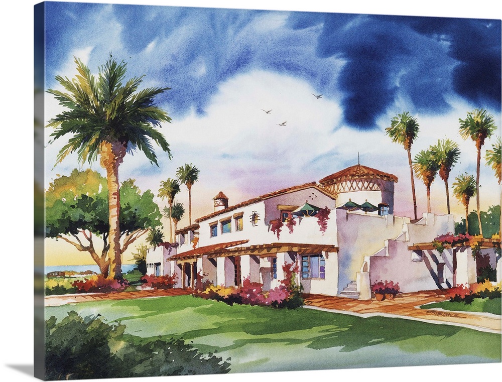 Watercolor of Ole Hanson Beach Club in San Clemente, California.