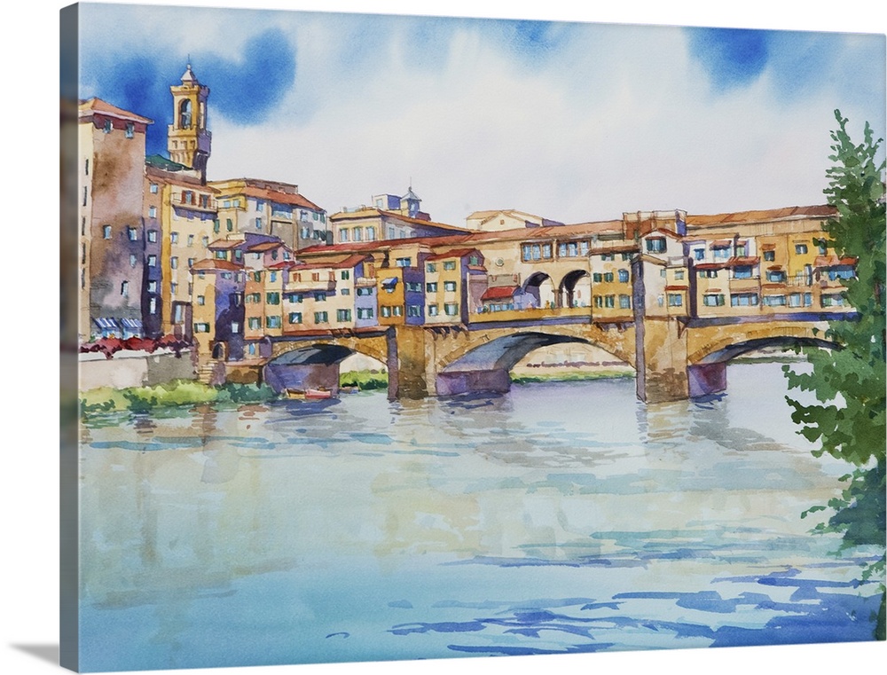 Watercolor painting of the Ponte Vecchio in Florence, Italy.