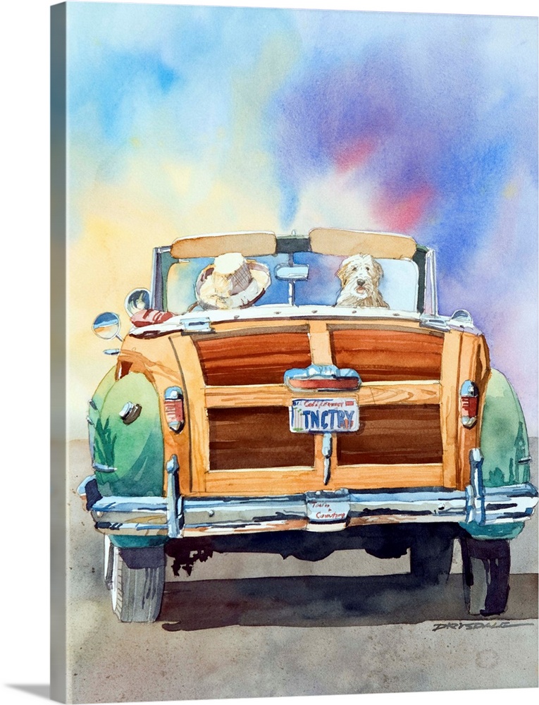 Watercolor of two buddies in a Chrysler Town