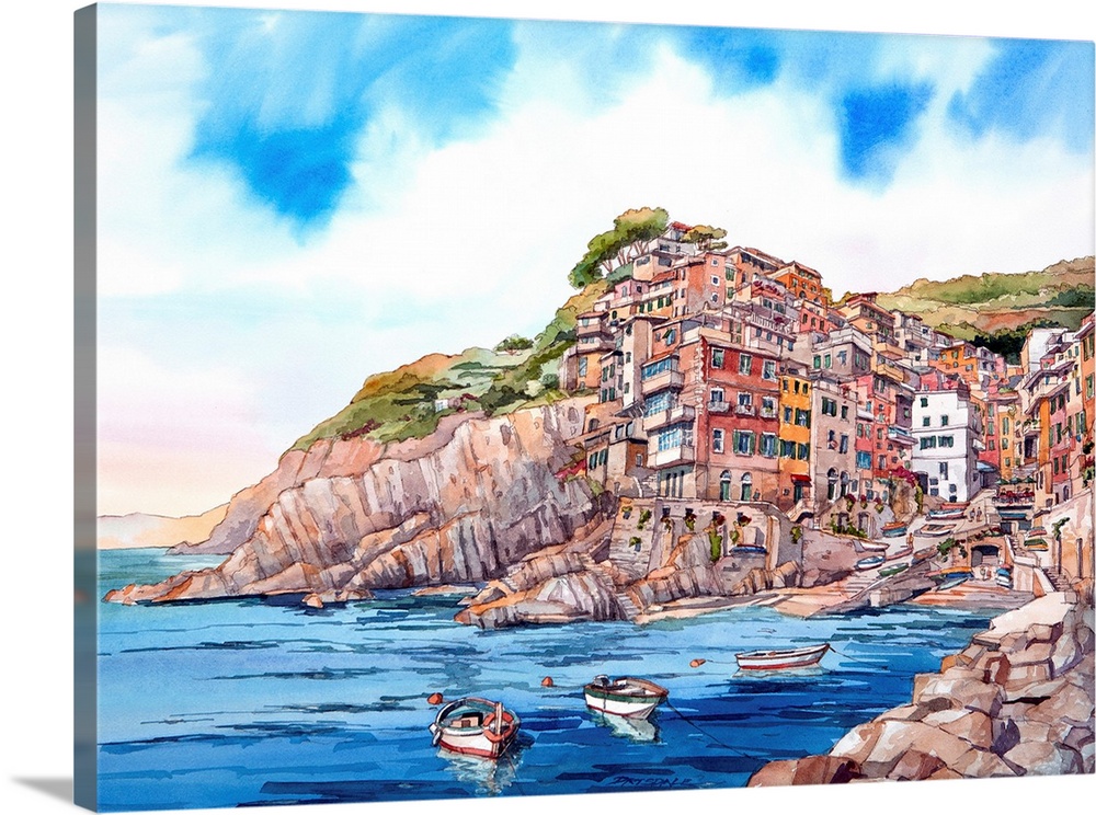 Watercolor painting of the village of Riomaggiore in Cinque Terre, Italy, with boats anchored in the foreground.