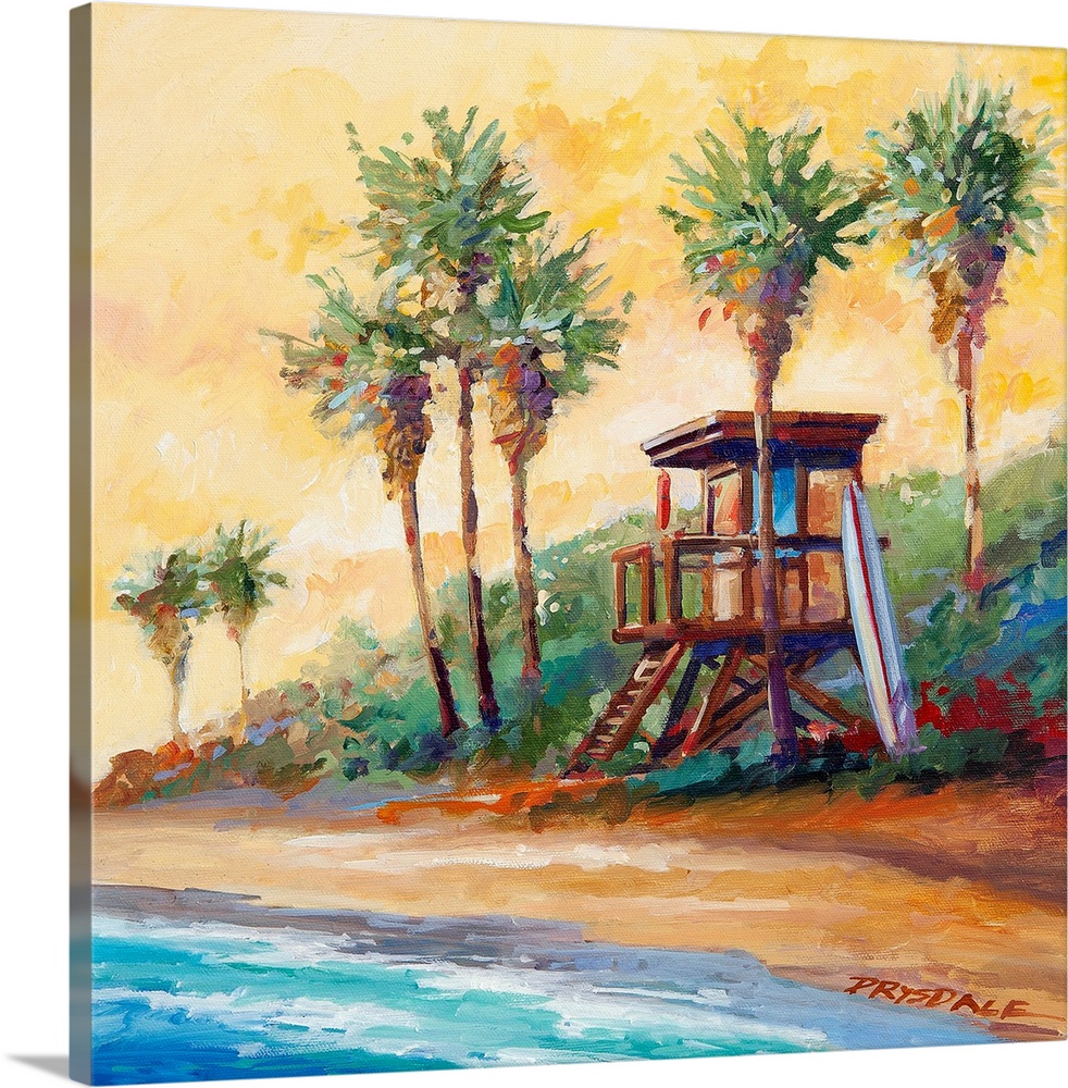 Painting of a lifeguard tower nestled between palms at San Onofre, CA.  The beach known as Old Mans.
